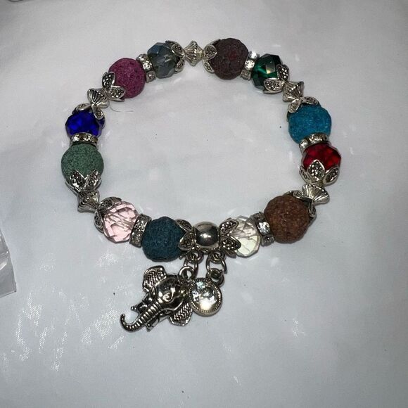 Silver Tone Colorful Lava Rock Bead Good Luck Elephant Charm Bracelet - Picture 6 of 7